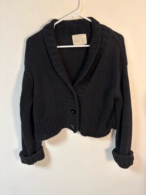 Rice By Rico Shawl-Collar Cropped Knit Cardigan Sweater Navy Large